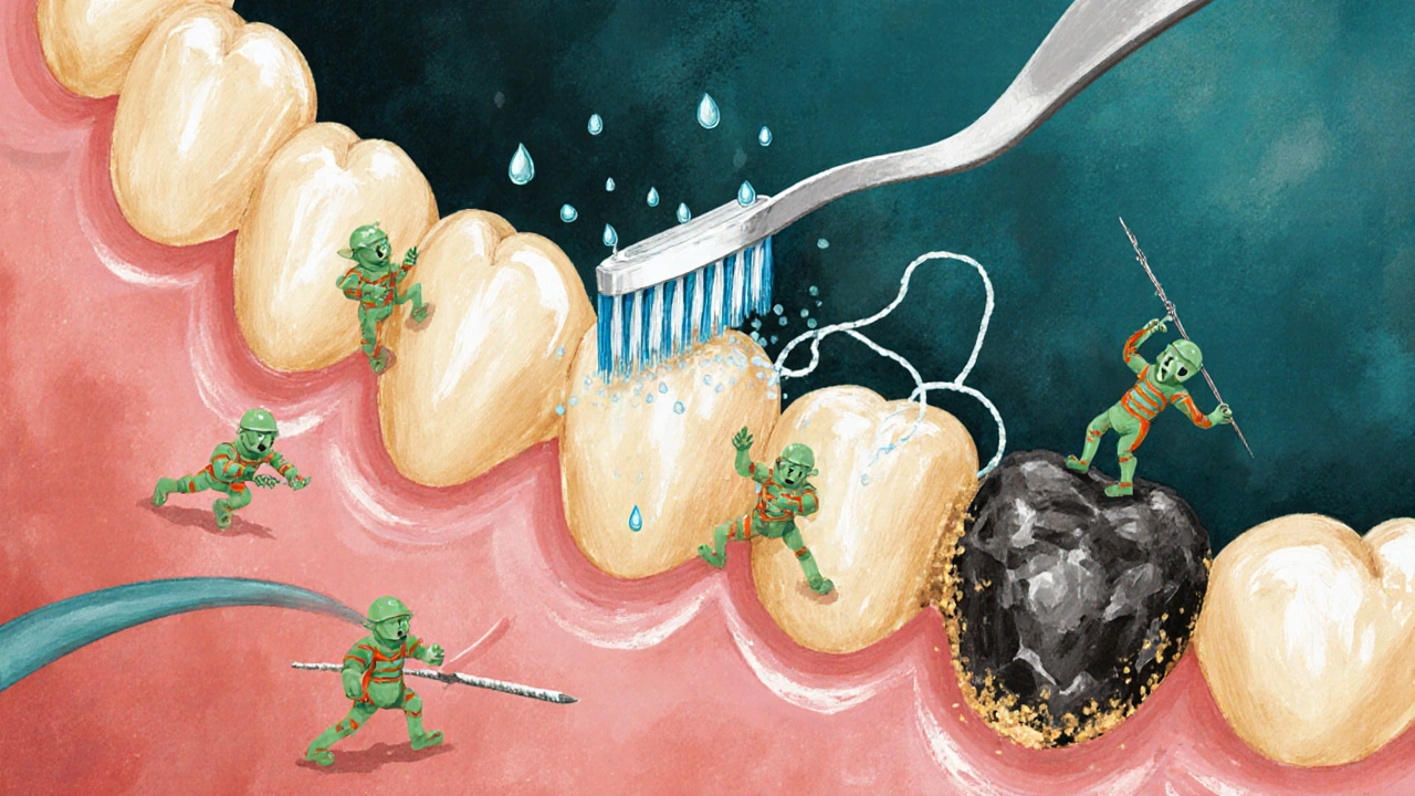 Boj mezi zánětem dásní a zubním kamenem, s kartáčkem a nití jako ochránci.