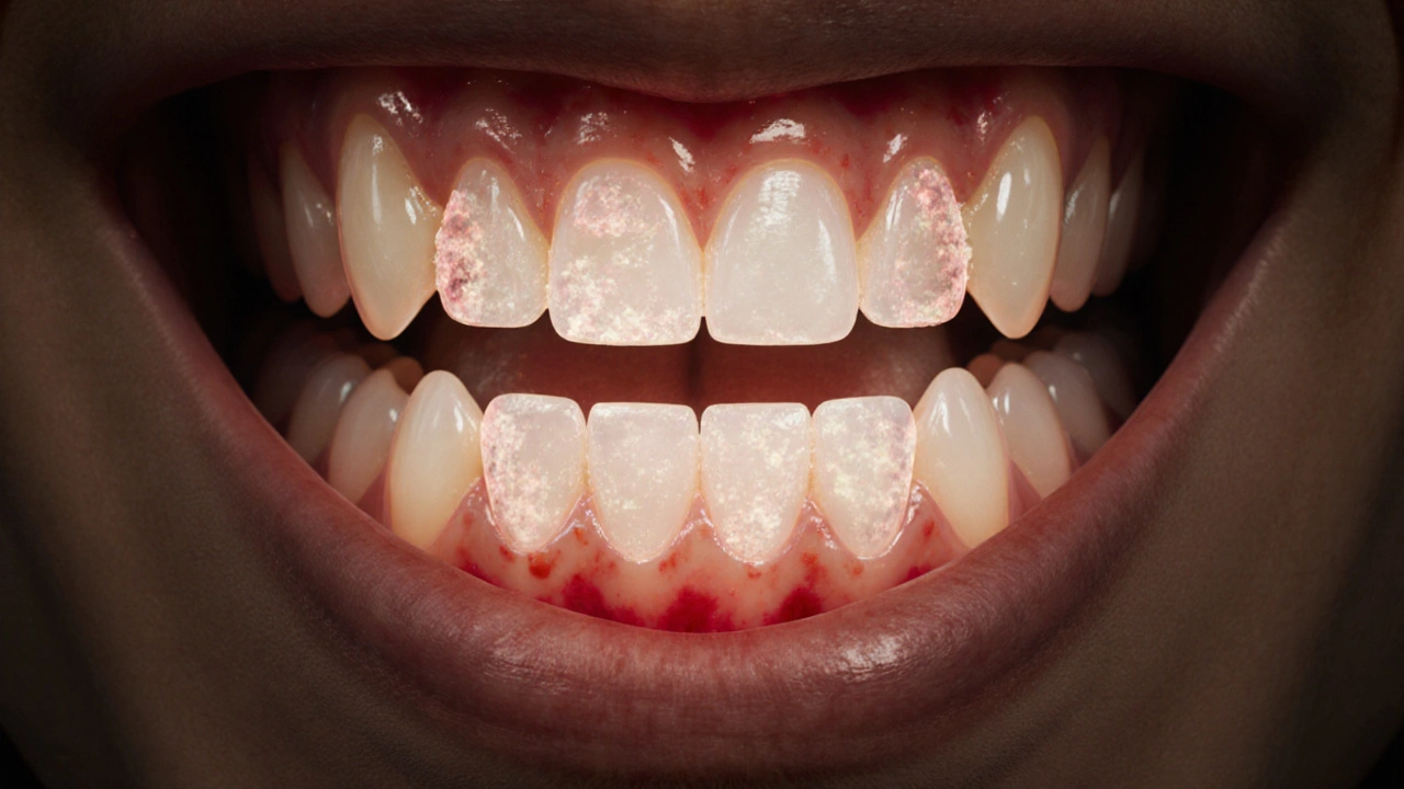 Časový přechod plaku v kámen během 14 dní podél zubního okraje.