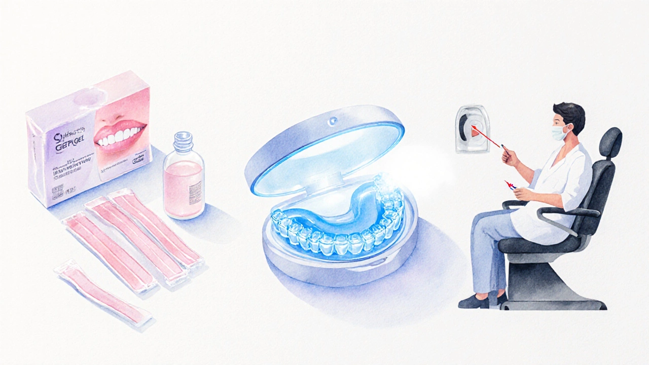 Ilustrace tří metod bělení: pásky, LED přístroj a profesionální ošetření.