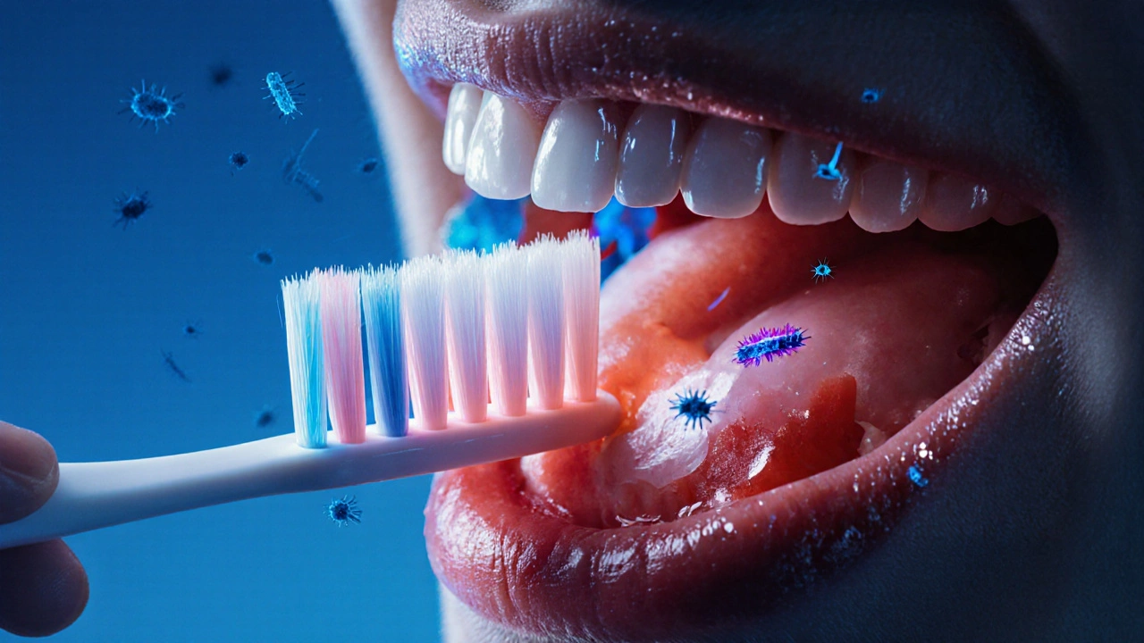 Kartáček dotýkající se zánětlivých dásní s bakteriemi v pozadí