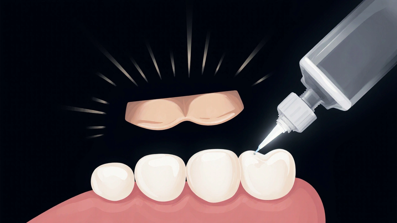 Odlepená keramická fazeta je znovu přilepena k zubu pomocí moderního lepidla.