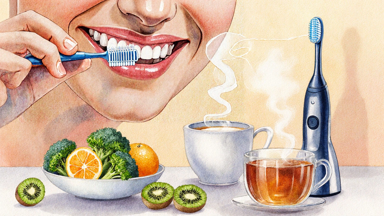 Osoba čistící zuby kartáčkem, nití a vodní tryskou, obklopená vitamínovými potravinami.