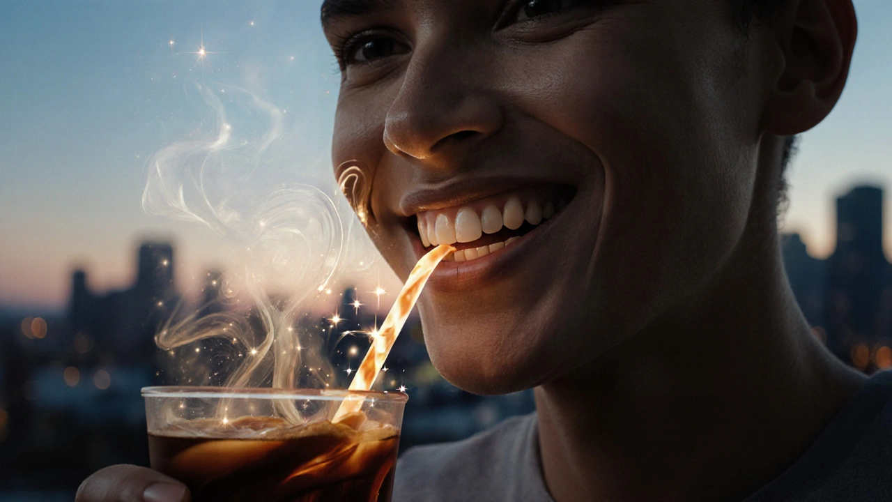 Osoba pije kávu brčkem, úsměv září a naznačuje žádnou citlivost.