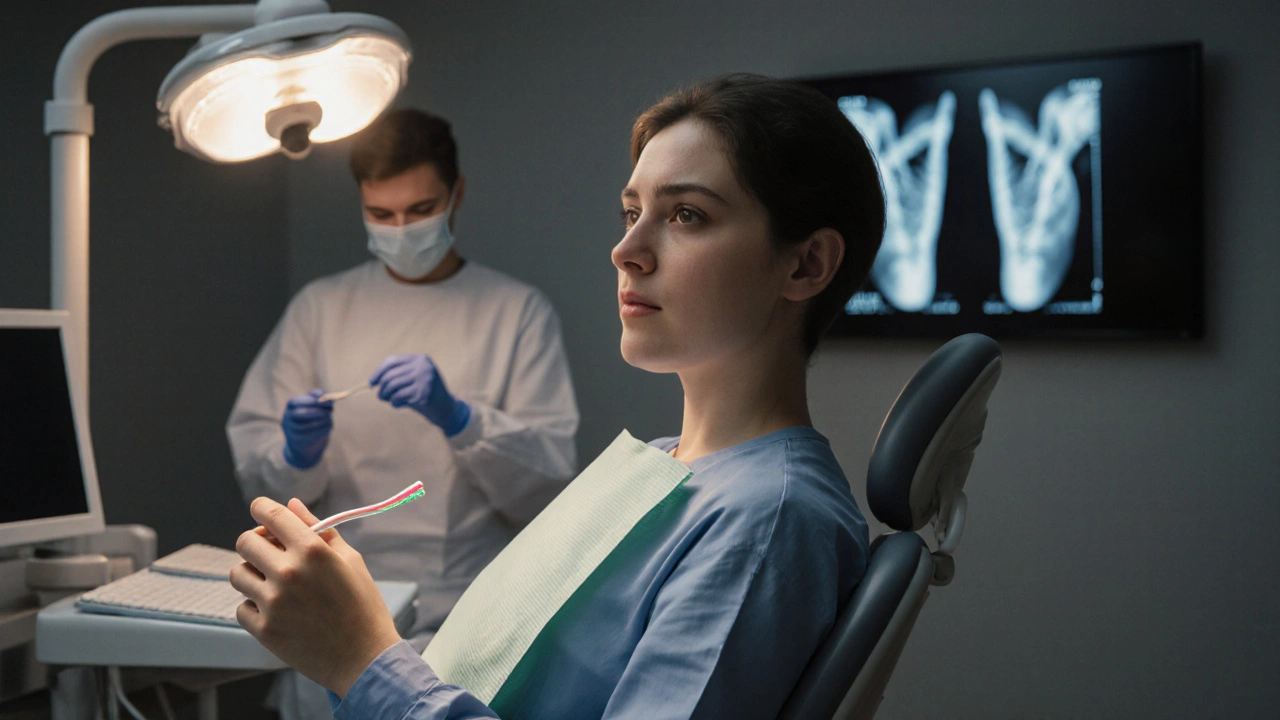 Osoba v zubní ordinaci s dentálními nástroji, připravena na návštěvu zubaře.