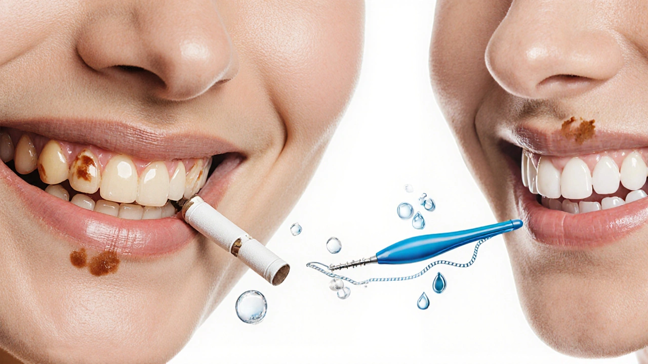 Před a po: žluté zuby kontrastují s bílými zuby při úsměvu.