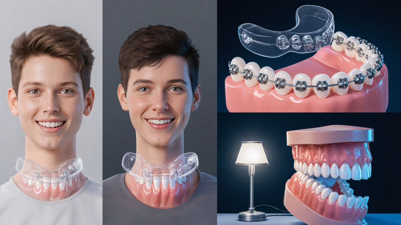 Přehled pěti možností ortodoncie: kovná rovnátka, keramická rovnátka, Invisalign, funkční aparát a čelistní operace.