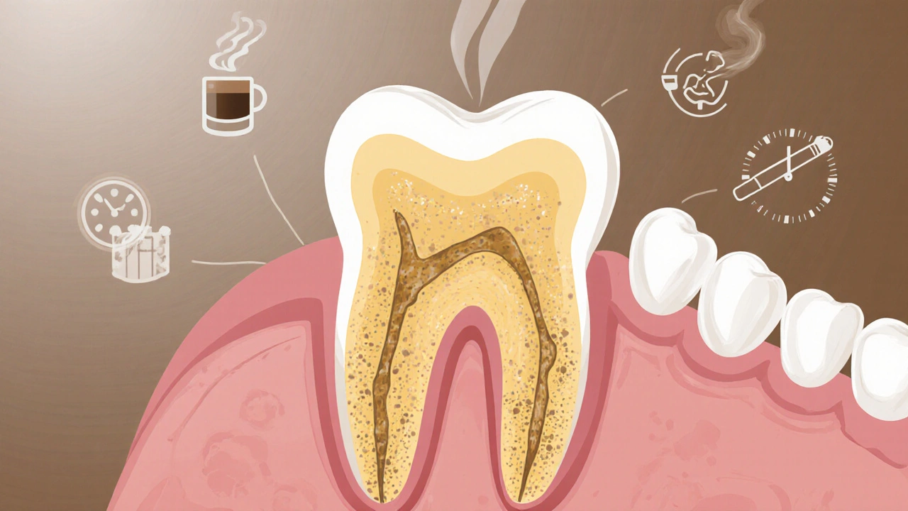 Průřez zubu ukazující tenkou sklovinu a žlutý dentin s nánosy plaku.
