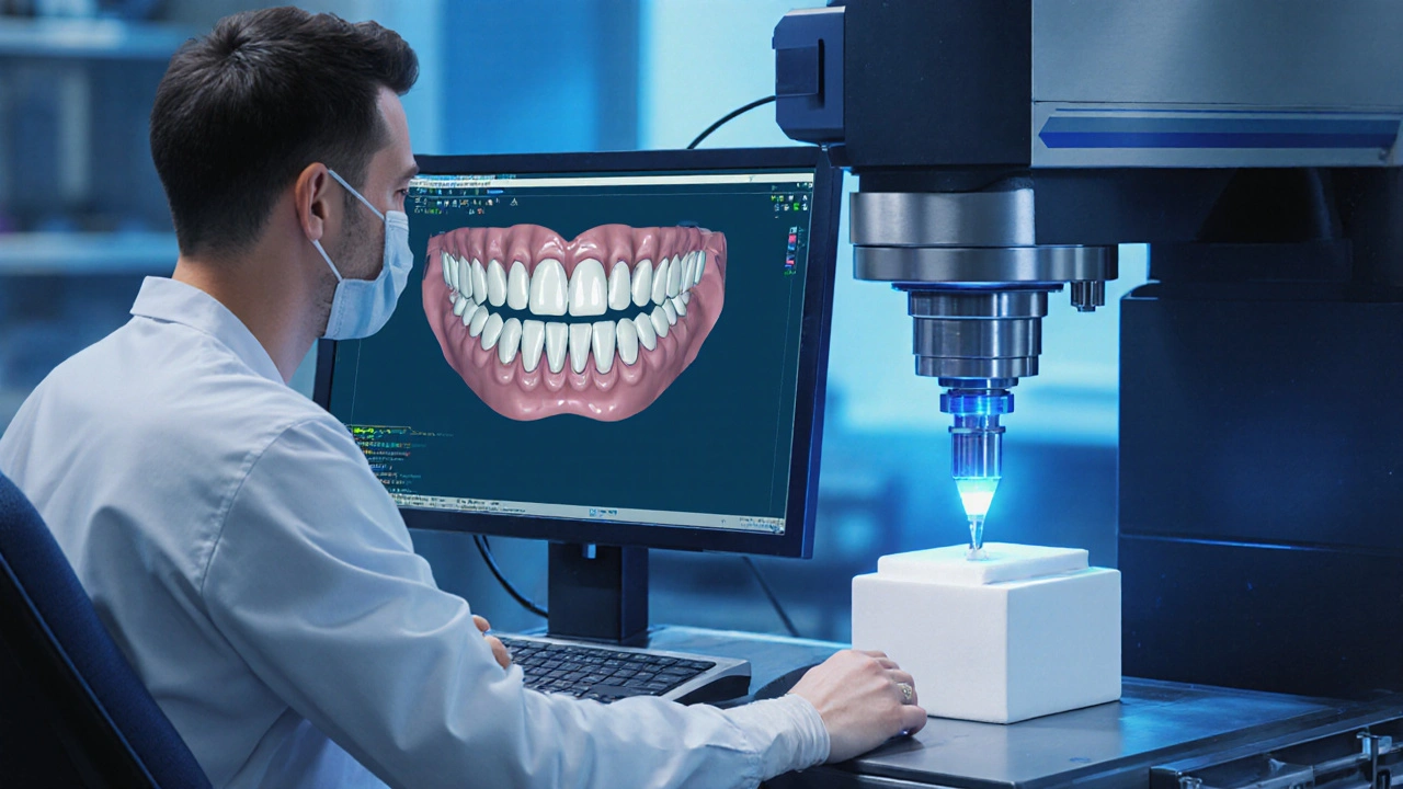 Technik v laboratoři navrhuje náhradu v CAD a frézuje keramiku na CNC stroji.