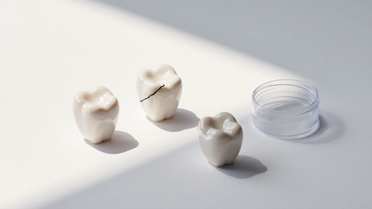 Tři stavy keramické fazety: celistvá, poškozená a odlepená.