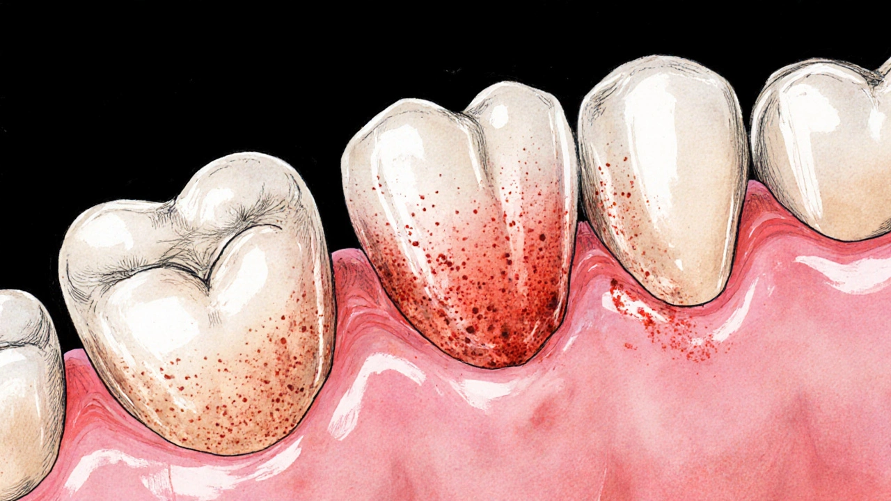 Zdravé a zánětlivé dásně vedle sebe s viditelným plakem