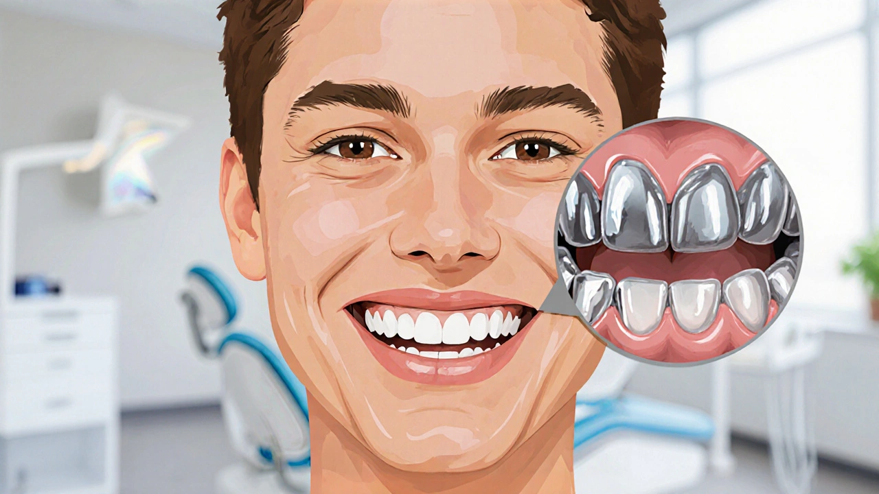 Člověk se usmívá s estetickou výplní zubu, zatímco v zrcadle vidí stříbrnou výplň.