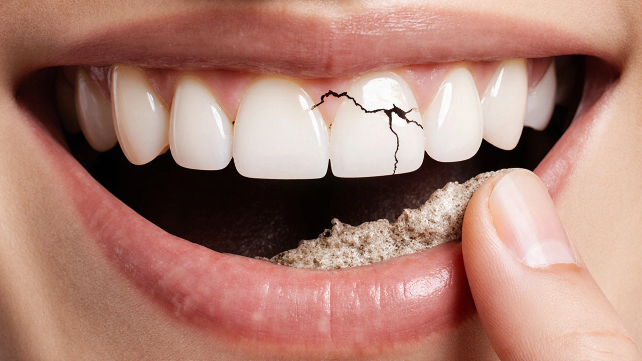 Cracked veneer with plaque accumulation and signs of underlying tooth decay.