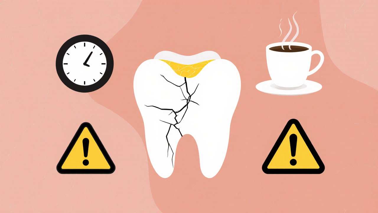 Damaged tooth showing yellow dentin with warning symbols of coffee and time.