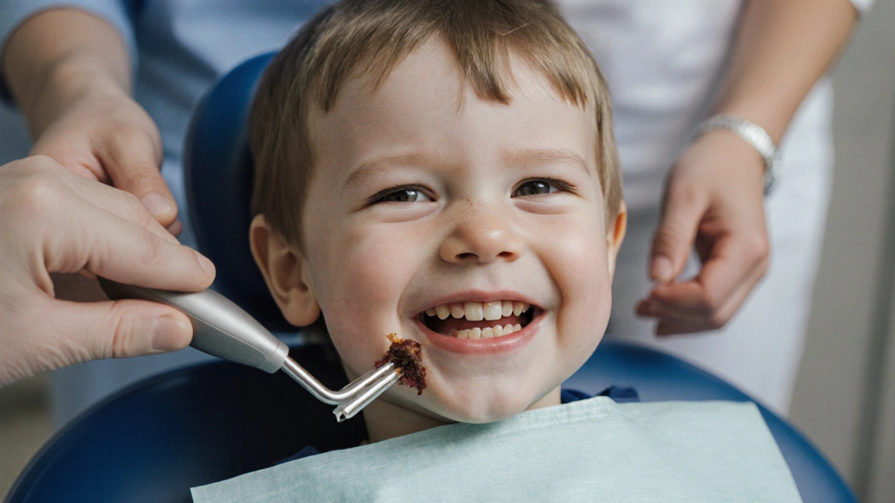Dítě se usmívá u zubního lékaře, na zubech je vidět zubní kámen.