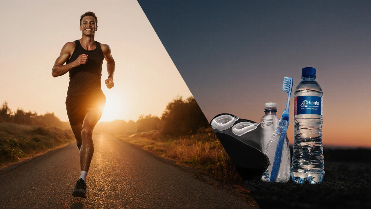 Dvě scény: běžec s rovnátky a stejný člověk s rovnátky uloženými v případě po tréninku.