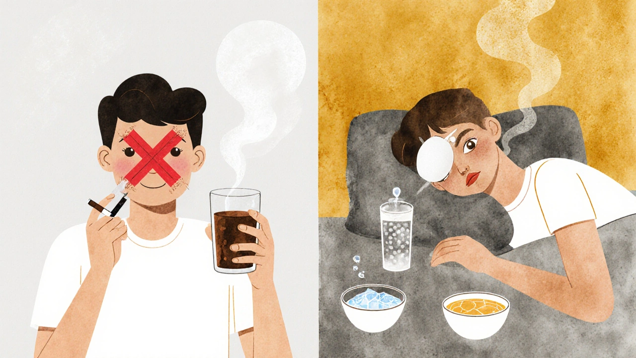 Dvě strany jednoho scénáře: škodlivé návyky vlevo a bezpečná péče vpravo, symbolizující přípravu na extrakci zubu.