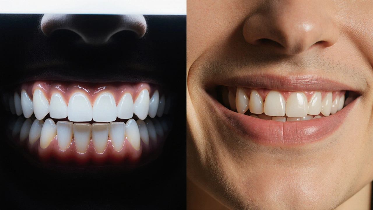 Dvě verze úsměvu: nerovnoměrně bělené zuby vs. přirozeně čisté zuby po odborném čištění.