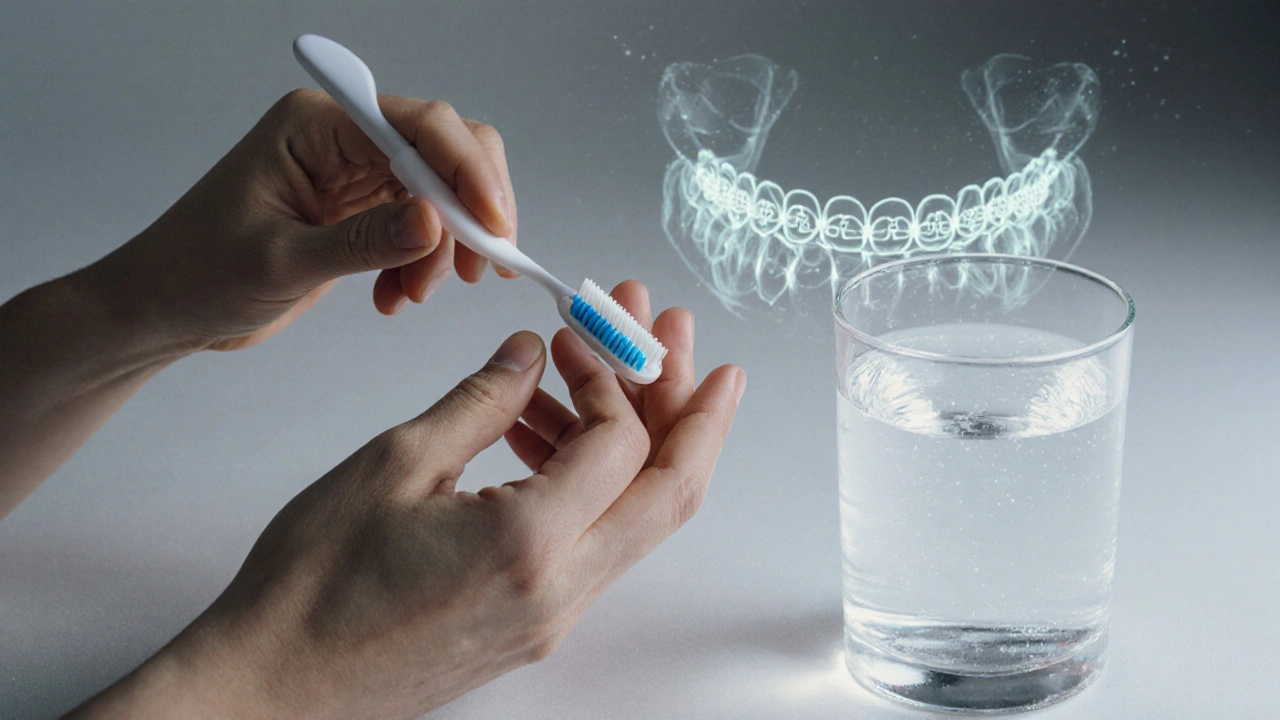 Jemné čištění zubů štětcem a proplachování solnou vodou po odstranění rovnátek.