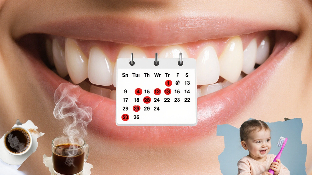 Kalendář s označenými návštěvami a čistými zuby symbolizujícími pravidelnou hygenu.