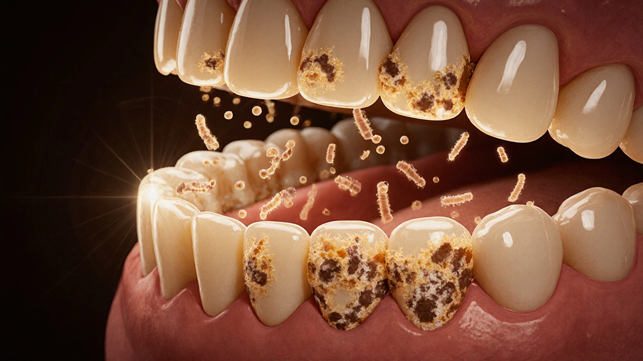 Mikroskopický pohled na bakterie a kameny na zubech dítěte.