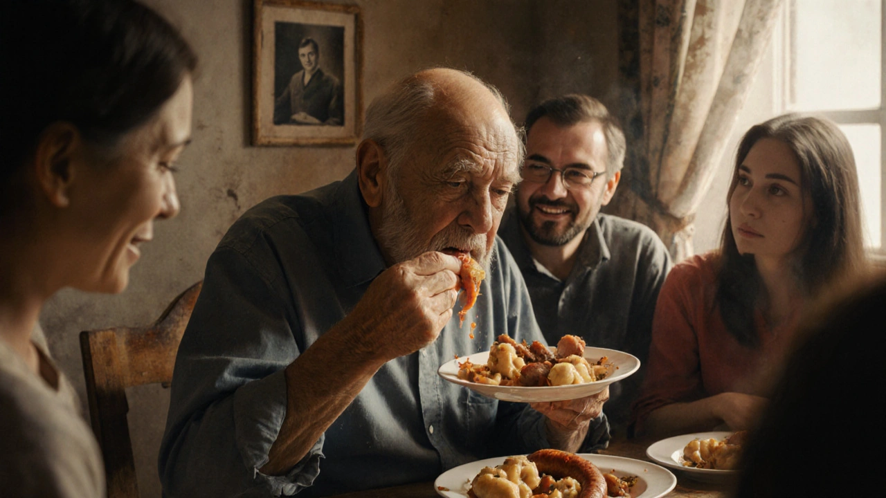 Muž jedí knedlíky s klobásou, plný emoce, jeho rodina ho pozoruje.