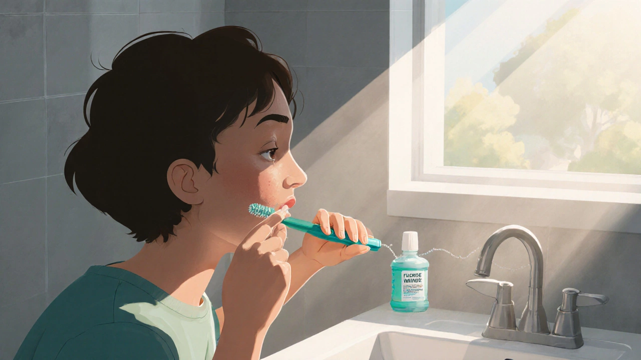 Osoba čistí zuby kartáčkem a mezizubní nití, důraz na prevenci kazu.