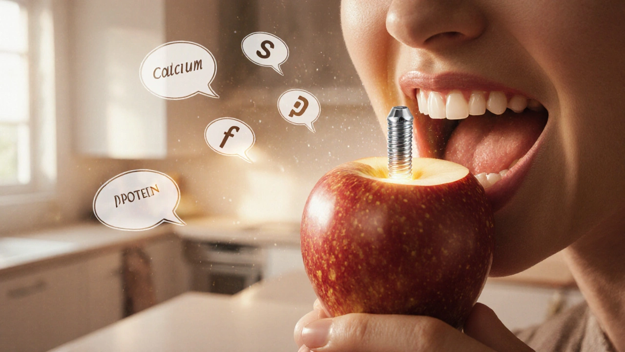 Osoba kousající do jablka s implantátem pod dásní a vznikajícími výživovými symboly.