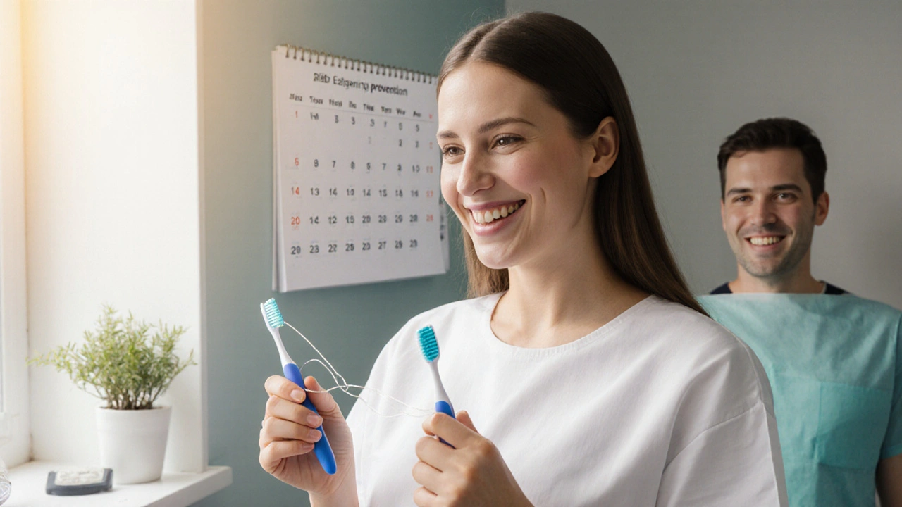 Osoba se usmívá v zubní klinice, drží kartáček a nit, za ní kalendář s kontrolami.