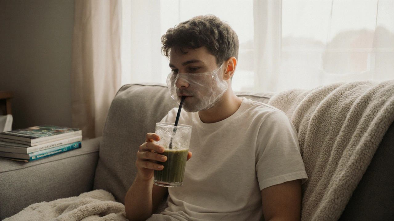 Pacient v rekonvalescenci pije smoothie s ledovými obklady na tváři.