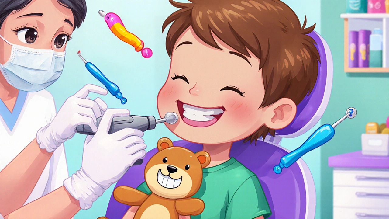 Pediatričký stomatolog odstraňuje zubní kámen z dítěte v klidné atmosféře ordinace.