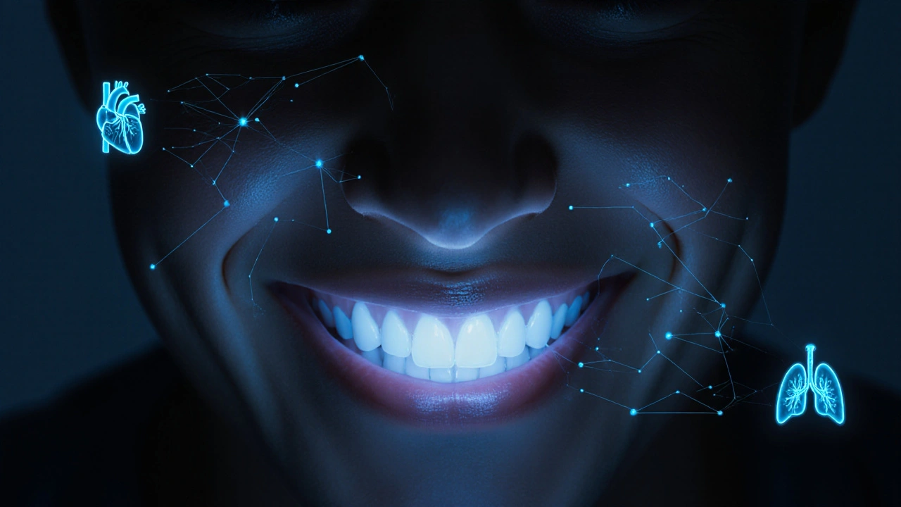 Person smiling with subtle glow around mouth symbolizing improved overall health.