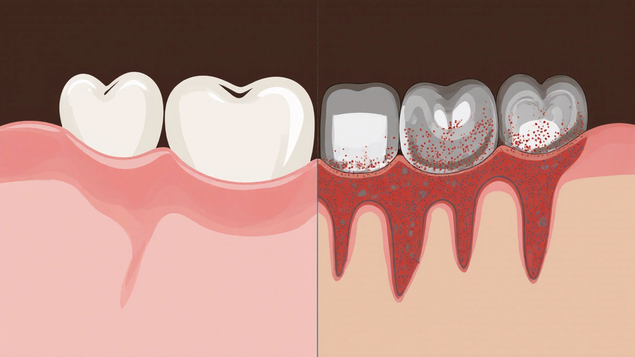 Porovnání zdravé a zánětlivě postižené dásně s ukázkou ztráty kosti