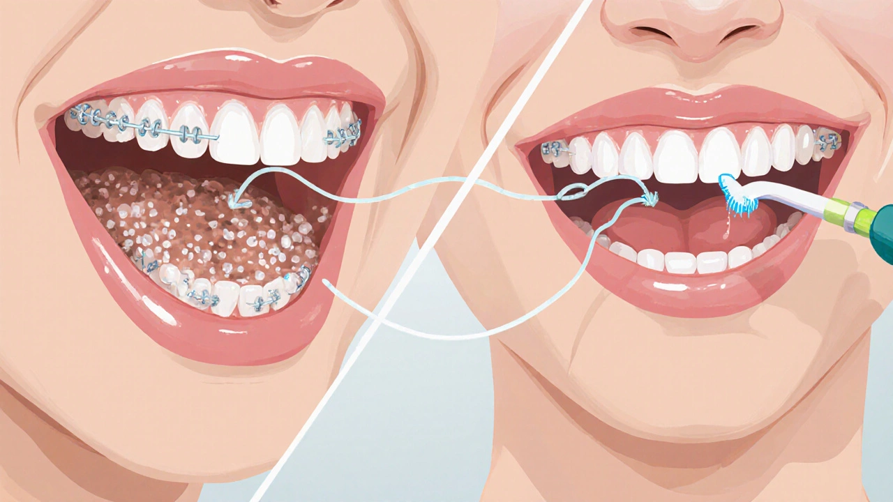 Porovnání znečištěných a čistých zubů pod rovnátky.