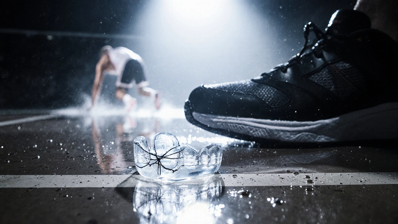 Poškozené rovnátka na basketbalovém hřišti symbolizují riziko při kontaktových sportech.