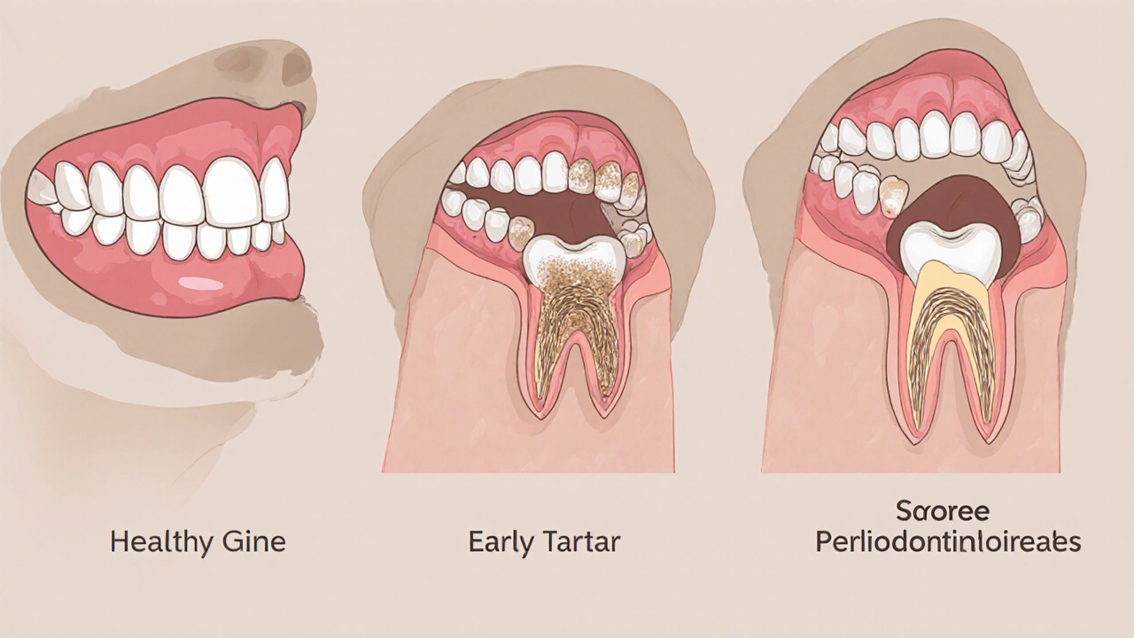 Postupné zhoršení zubního zdraví psa: zdravé zuby, plak, zubní kámen a ztráta zubu.
