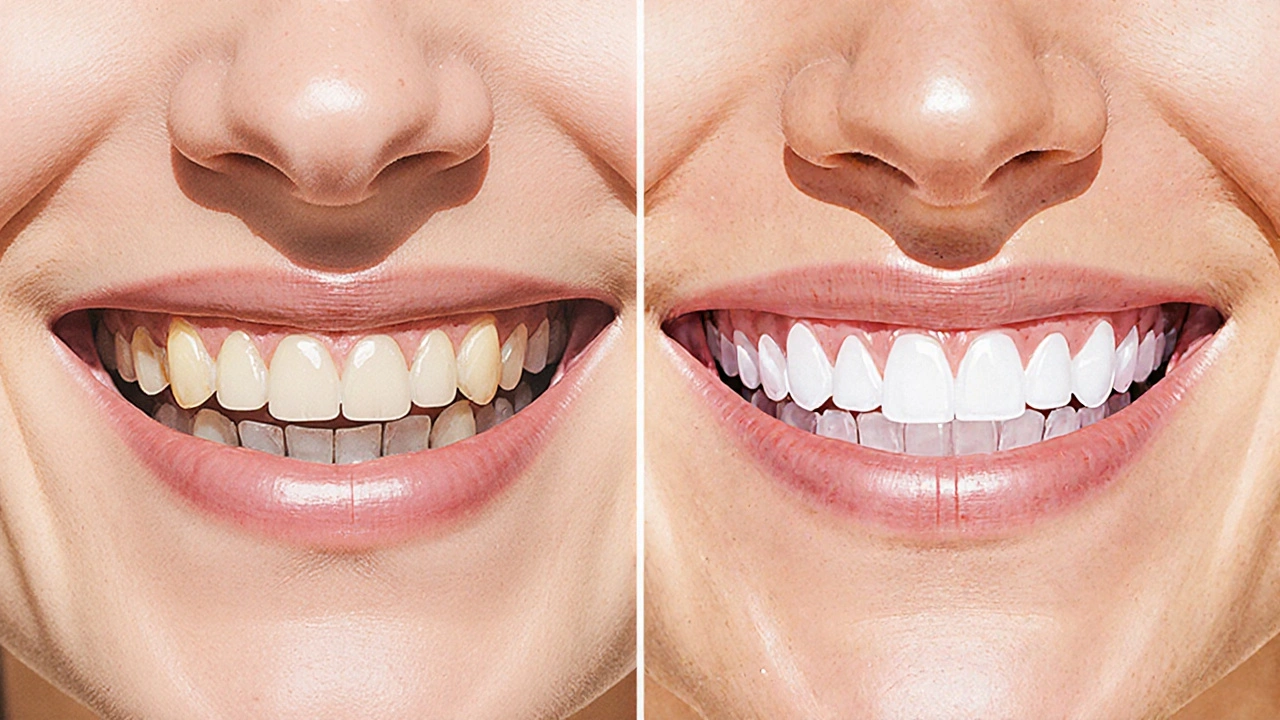 Před a po: harmonický úsměv po vybělení a výměně keramických náhrad.