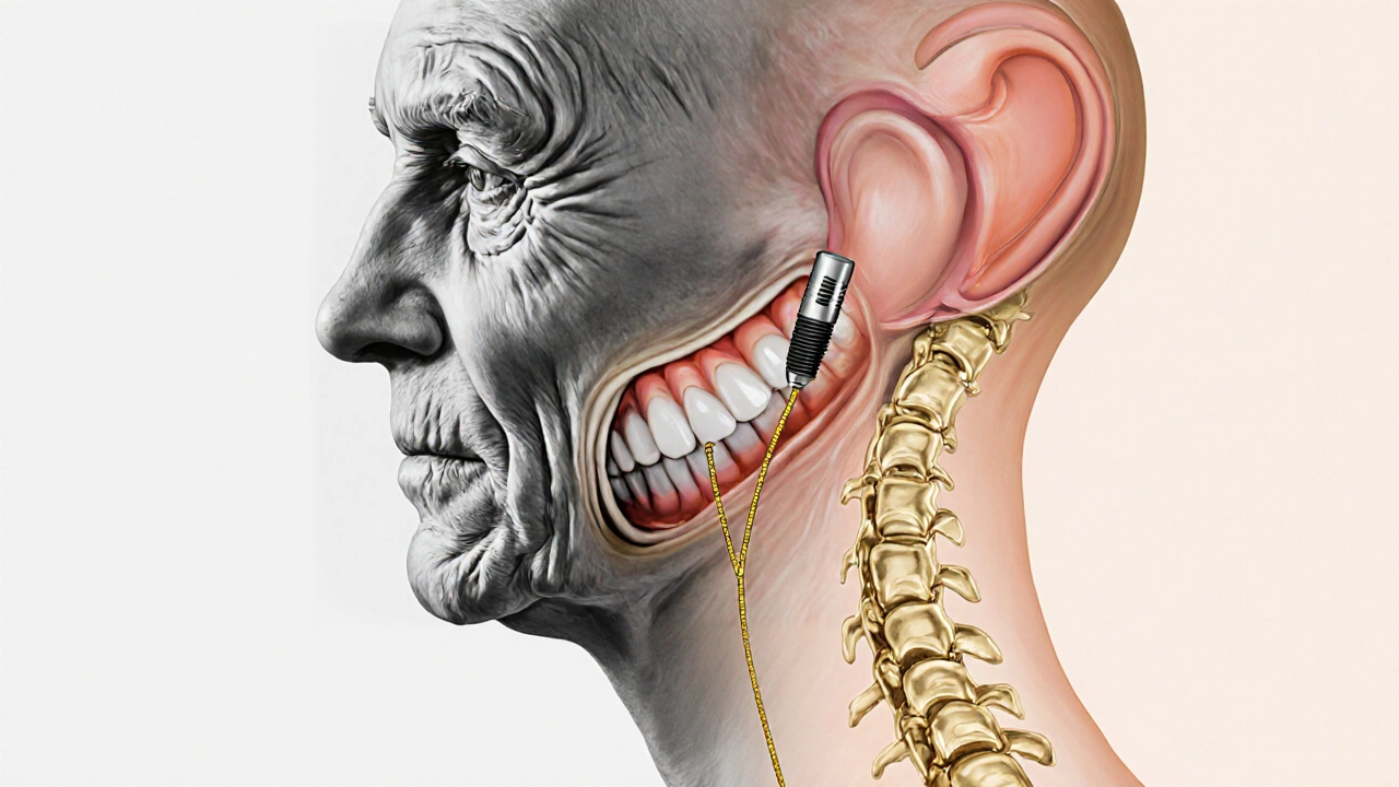 Profily tváře: jedna strana stáří s propadlou čelistí, druhá strana mladistvá s implantátem.