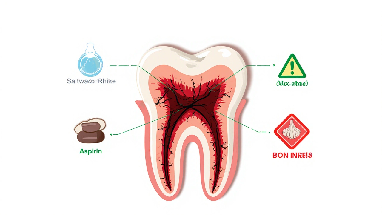 Průřez předním zubem s viditelnou dutinou, zánětem a doporučenými i zakázanými léky.