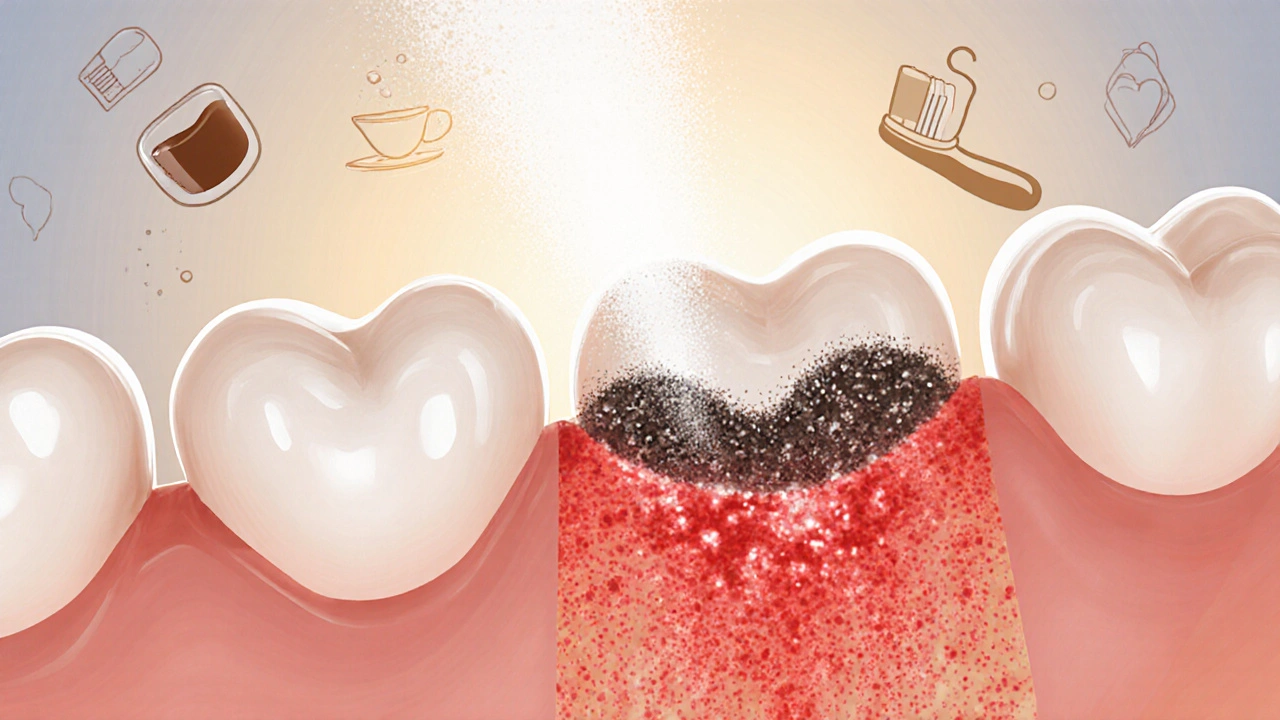 Průřez ústní dutinou s viditelným zubním kamenem pod dásněmi a jemným čištěním práškem.