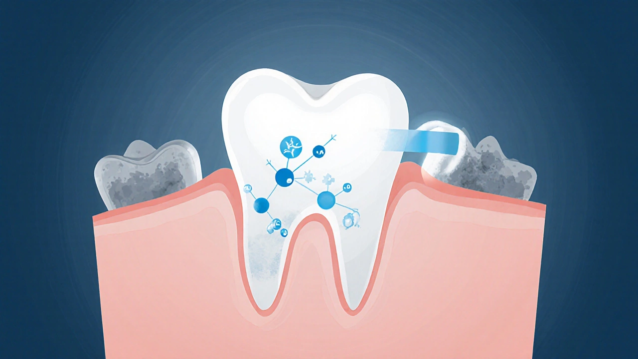 Průřez zubu s vnikáním peroxidu vodíku do skloviny a neovlivněnými plombami.