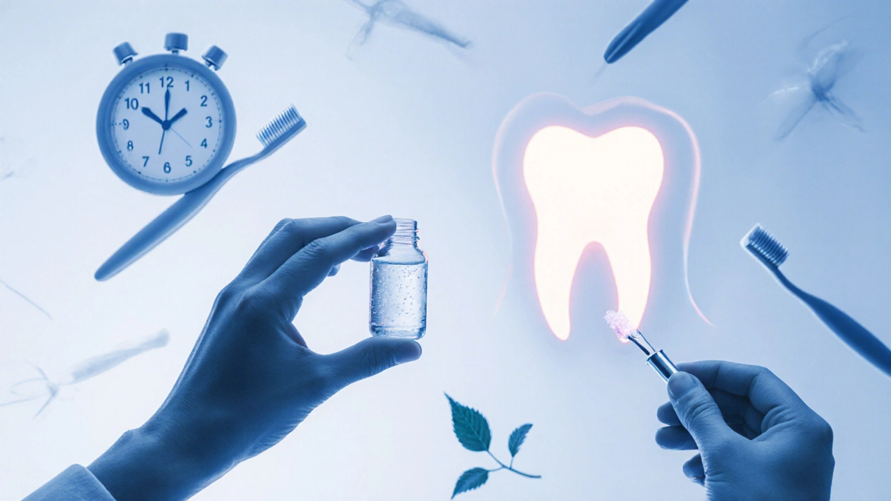 Ruka drží solný roztok vedle zubního nářadí, za tím se objevuje světelný obrys hojící se čelisti.