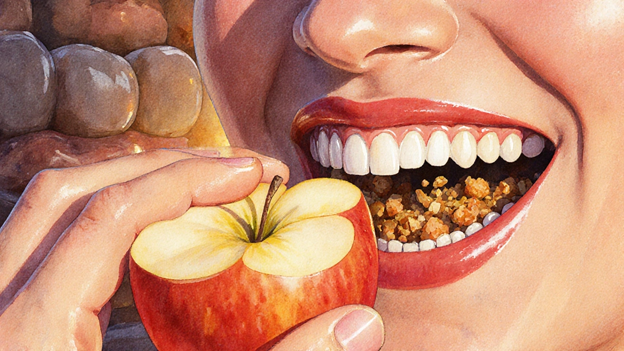 Ruky drží jablko, zuby řežou a žvýkají, zvýrazňující rozdílné role zubů při žvýkání.