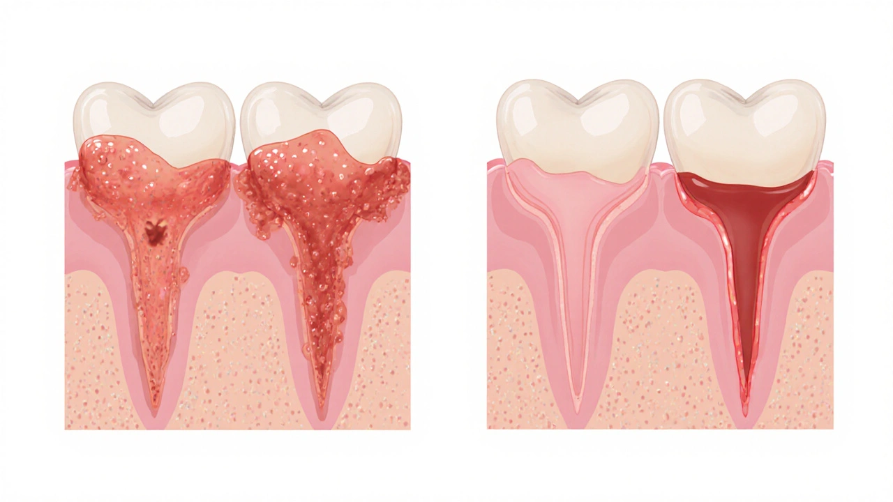 Side-by-side comparison of inflamed and healthy gum tissue after treatment.