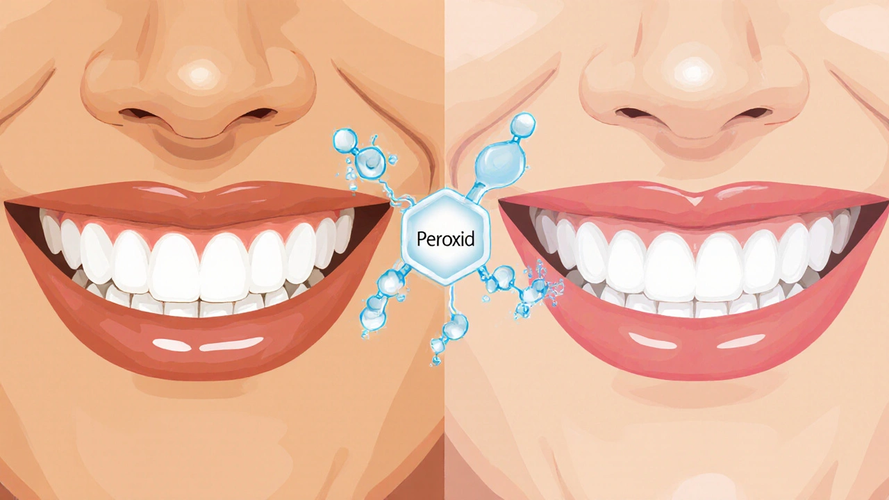 Side-by-side comparison of yellow and whitened teeth with chemical molecules.