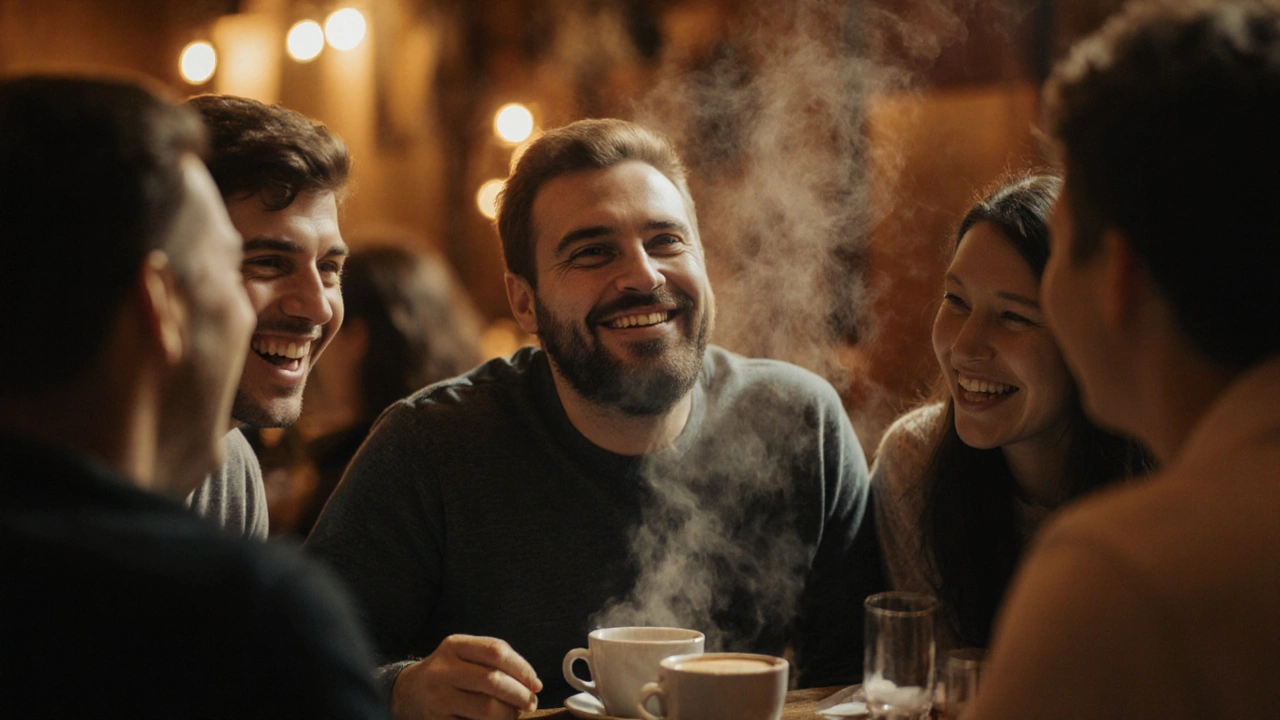 Skupina přátel se směje v kavárně, jeden z nich má plný přirozený úsměv.