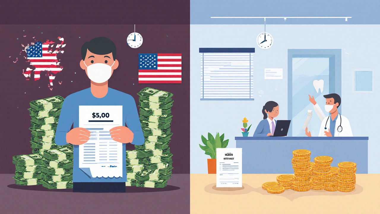 Srovnání cen zubní péče v USA a Česku: hromada dolarů proti malé hromádce korun.