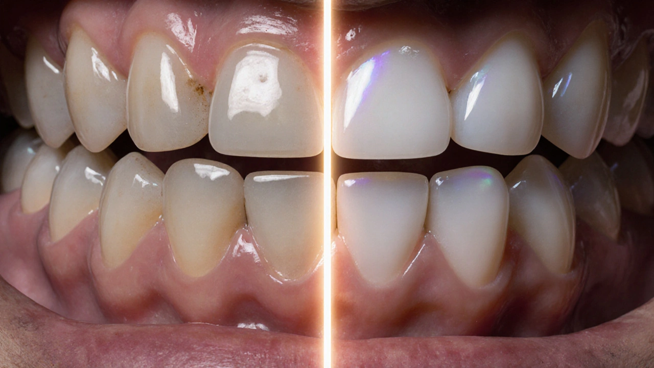 Srovnání před a po: původní zuby vs. zuby s keramickými fazetami.
