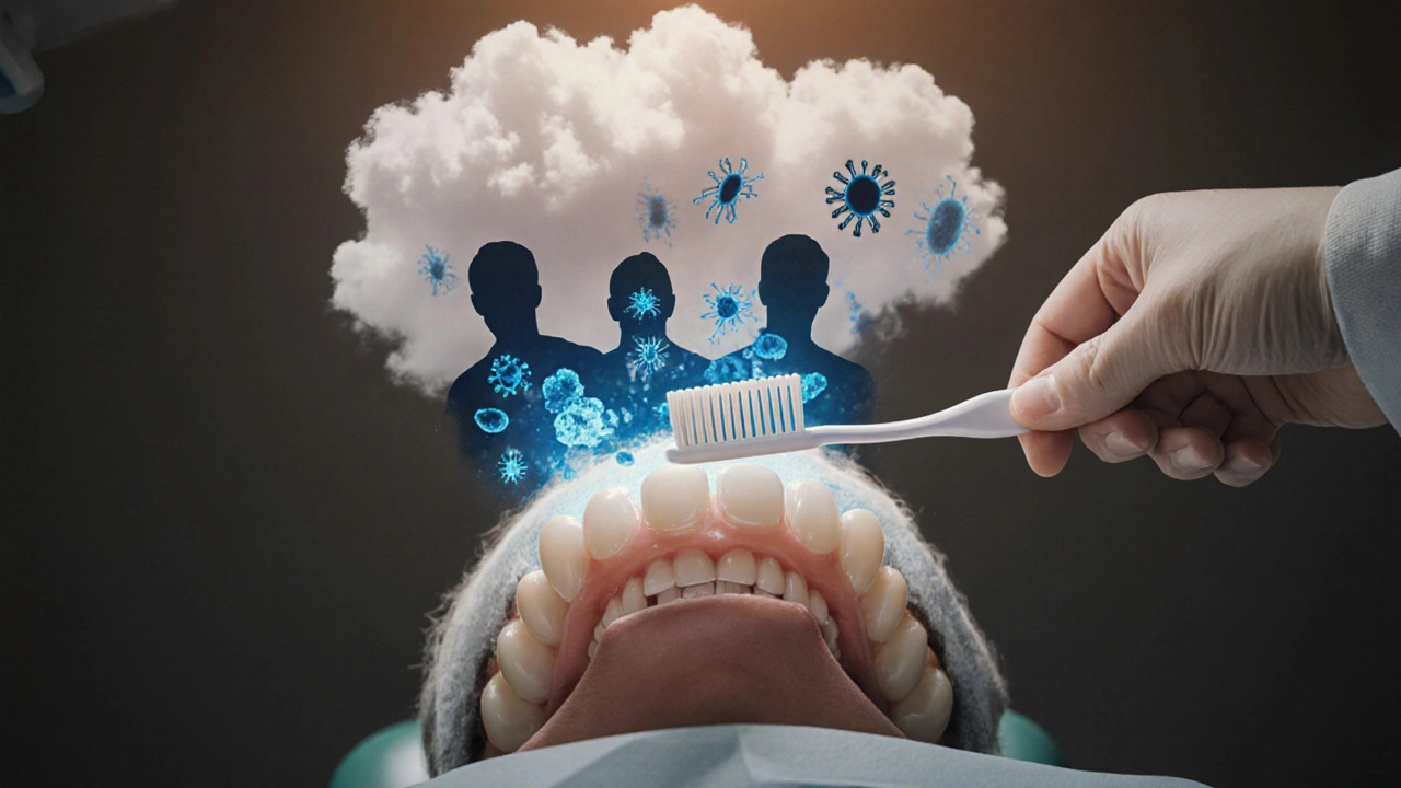 Stínové obrazy bakterií a infekce vznikající z poškozených předních zubů.