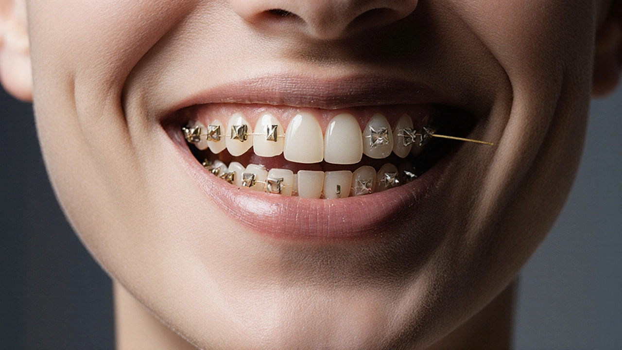 Symbolický obraz zdravého a poškozeného úsměvu při nošení rovnátek.