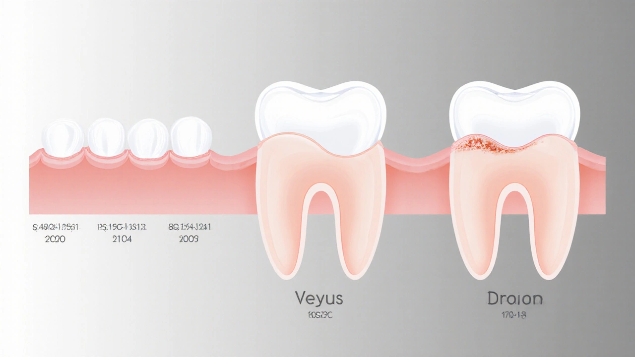 Timeline showing veneer deterioration over 10 years ending in crown replacement.